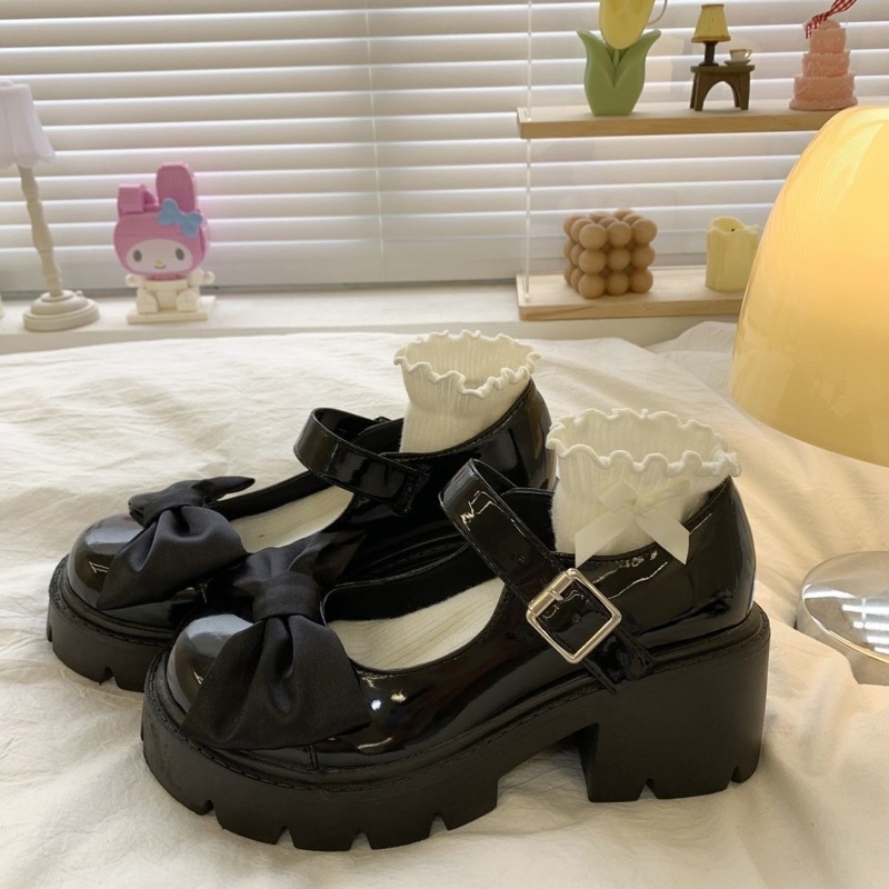 Giày Lolita Khoá Cài Quai Ngang Đính Nơ Đế Cao 5CM