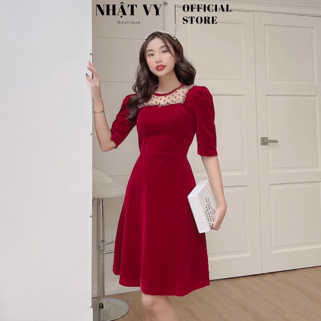 Đầm Nữ NHẬT VY Phối Bi Lưới Ngực Tay Tửng Chiết Eo Chất Nhung Đi Tiệc Dáng Xòe Màu Đỏ, Đen - D1855