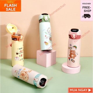 Bình Giữ Nhiệt Gấu INS Cho Học Sinh - Bình Nước Inox Thép Ko Gỉ Hiển Thị Nhiệt Độ Kèm Ống Hút Trẻ Trung Dung Tích 450ml