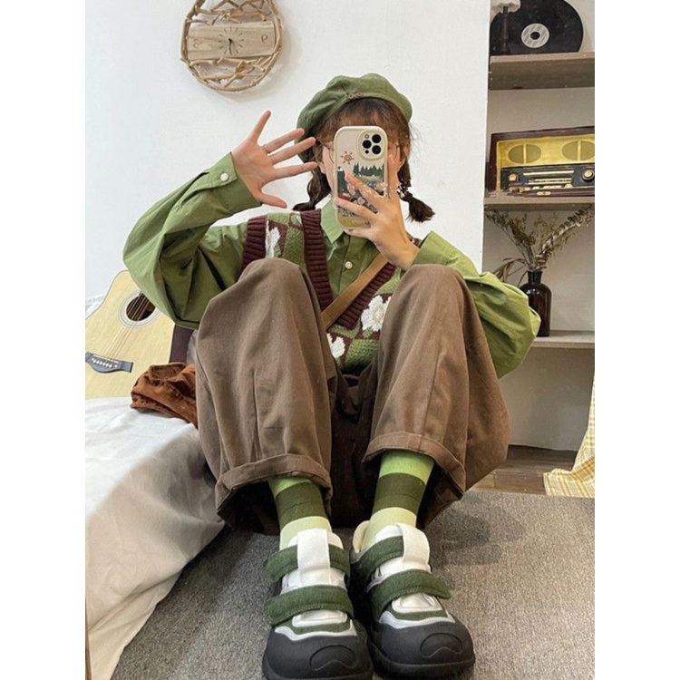 Set Áo Sơ Mi Xanh Lá Và Áo Len Không Tay Thời Trang Cho Nữ