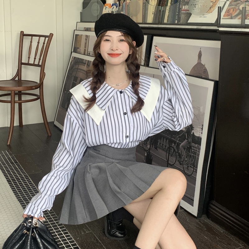 SUXI Áo Sơ Mi Dài Tay Họa Tiết Kẻ Sọc Phong Cách Hàn Quốc Thời Trang Mùa Thu Cho Nữ