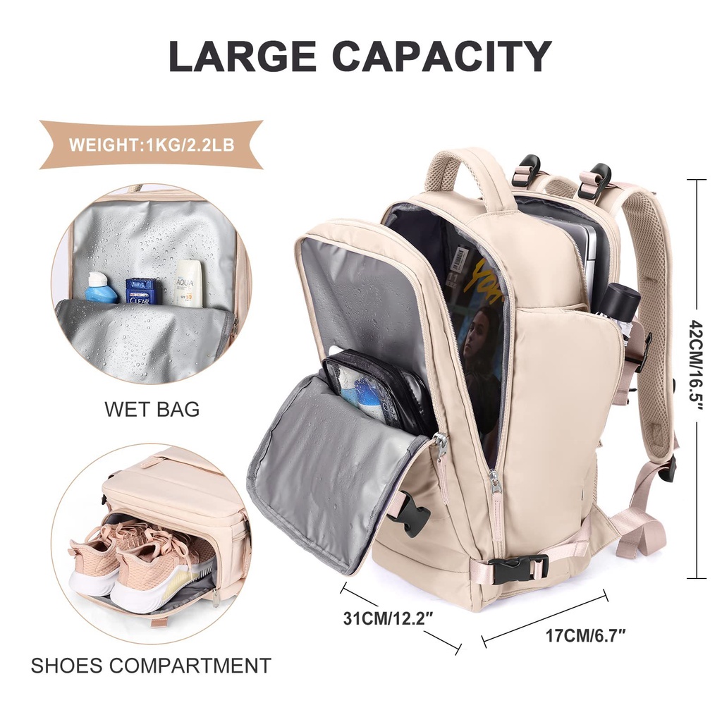 COD Balo du lịch nữ chống thấm nước 35L ba lô đựng laptop 15.6 inch Có ngăn đựng giày balo quần áo