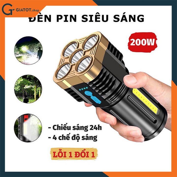 Đèn pin cầm tay tích điện siêu sáng 5 bóng led chiếu xa 200m