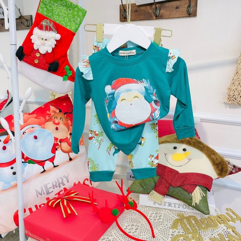 NT123 Bộ Noel dài tay thun lạnh Minky Mom phối bèo vai hoạ tiết giáng sinh cho bé gái