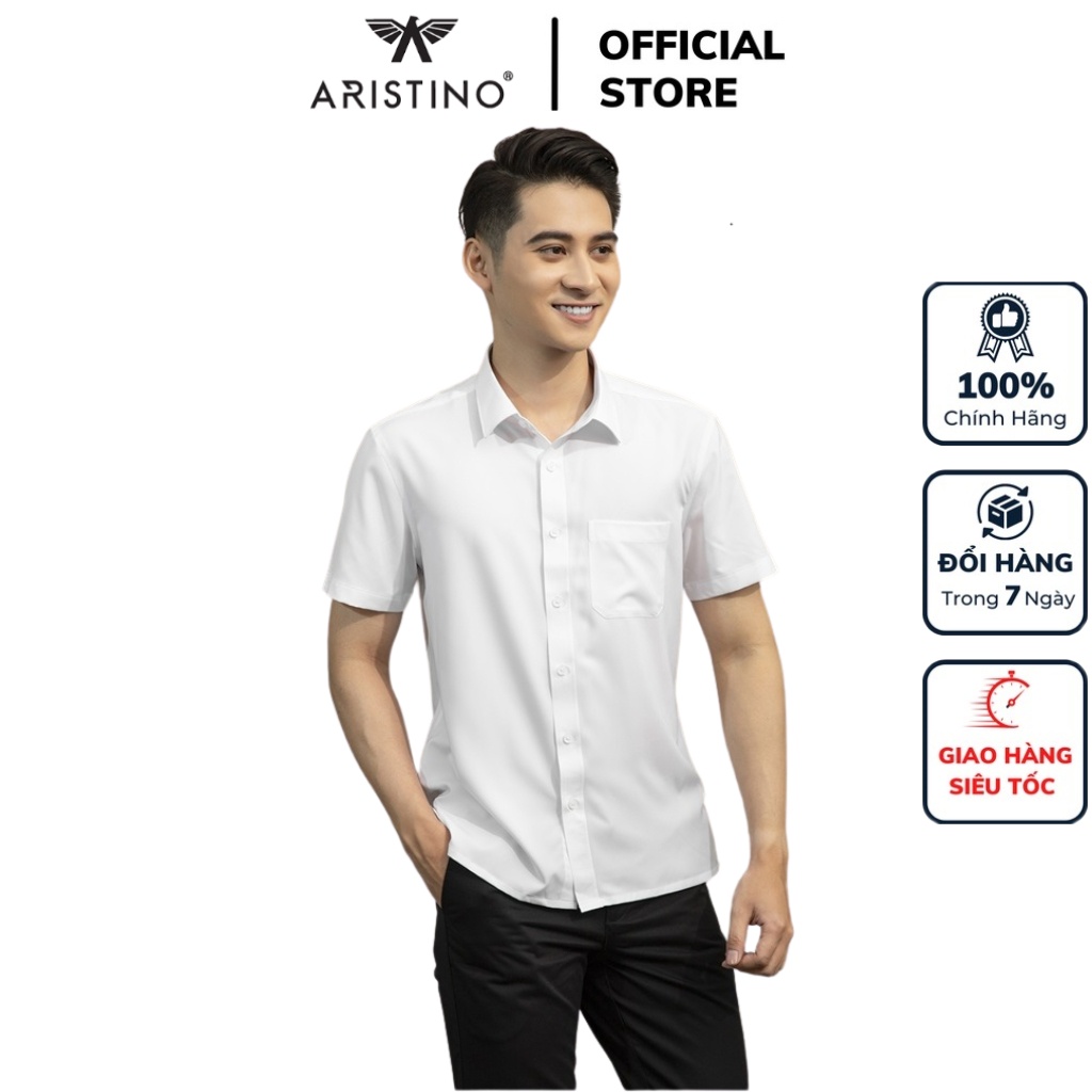 Áo sơ mi trắng nam ngắn tay ARISTINO ASSR16 somi công sở vải Micro Polyester cao cấp dáng Perfect fit tà bằng có túi