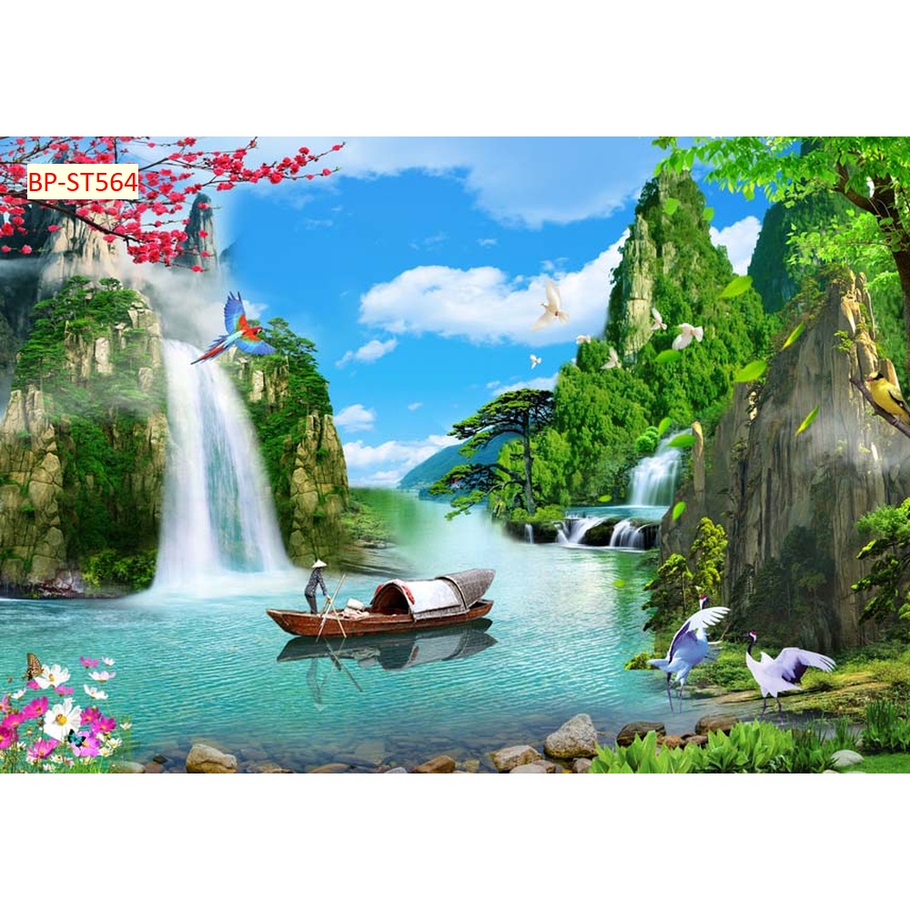 Tranh SƠN THUỶ dán tường 3D cảnh rừng cây hùng vỹ