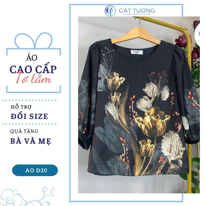 Áo kiểu trung niên nữ cho mẹ cho màu đen hoa vàng thiết kế nổi bật sang trọng D20 - Thời trang Cát Tường