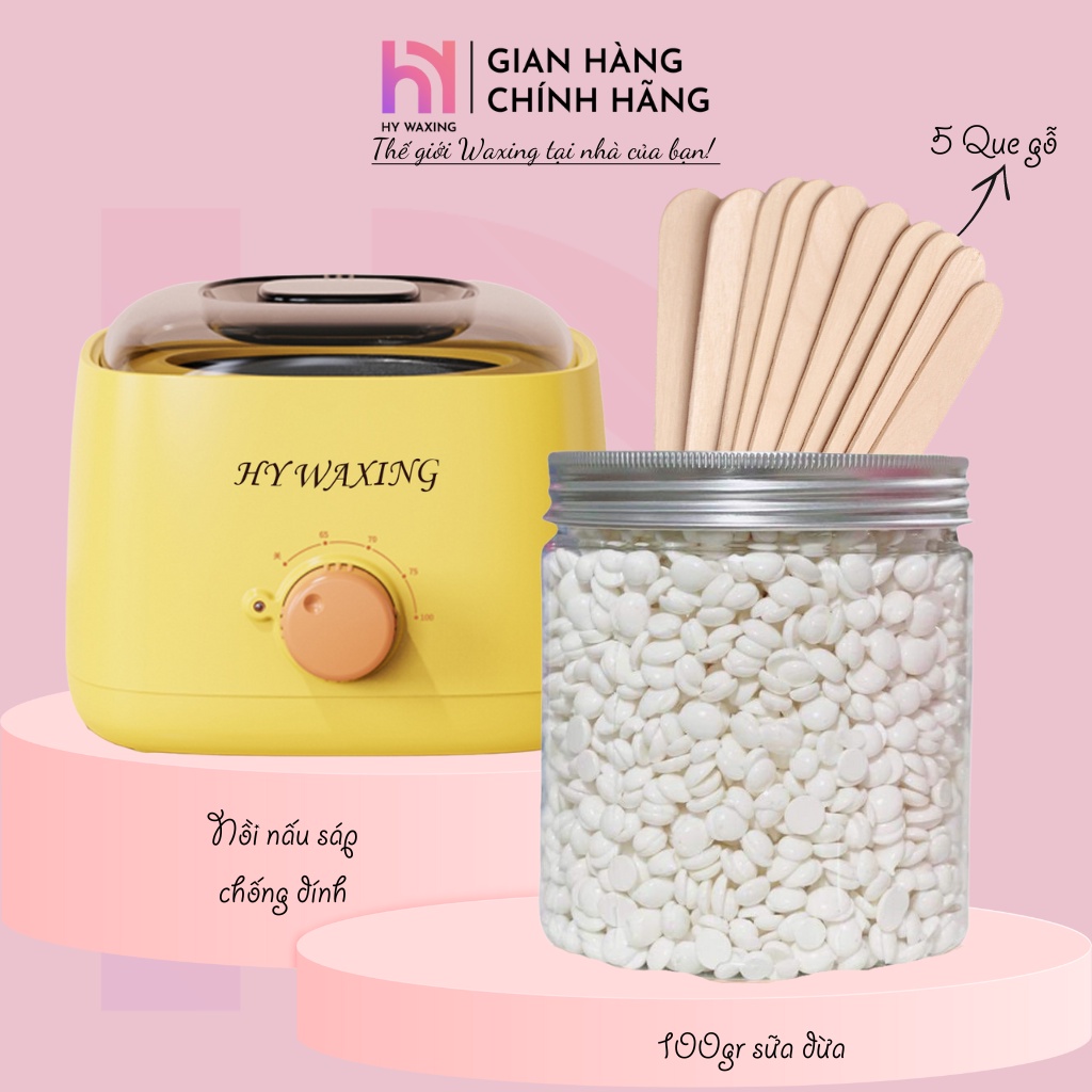[CHE TÊN] Combo Nồi Nấu Sáp Chống Dính Thế Hệ Mới HY WAXING + 100gr Sáp Premium Siêu Bám Lông Tặng Que