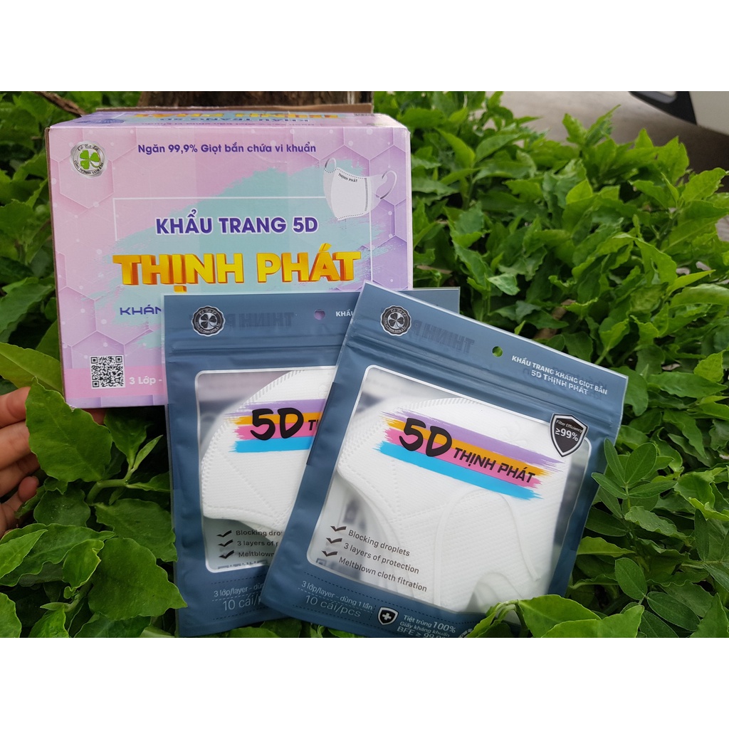 Khẩu trang 5D Thịnh Phát, khẩu trang y tế kháng khuẩn màu trắng (Túi 10 chiếc)