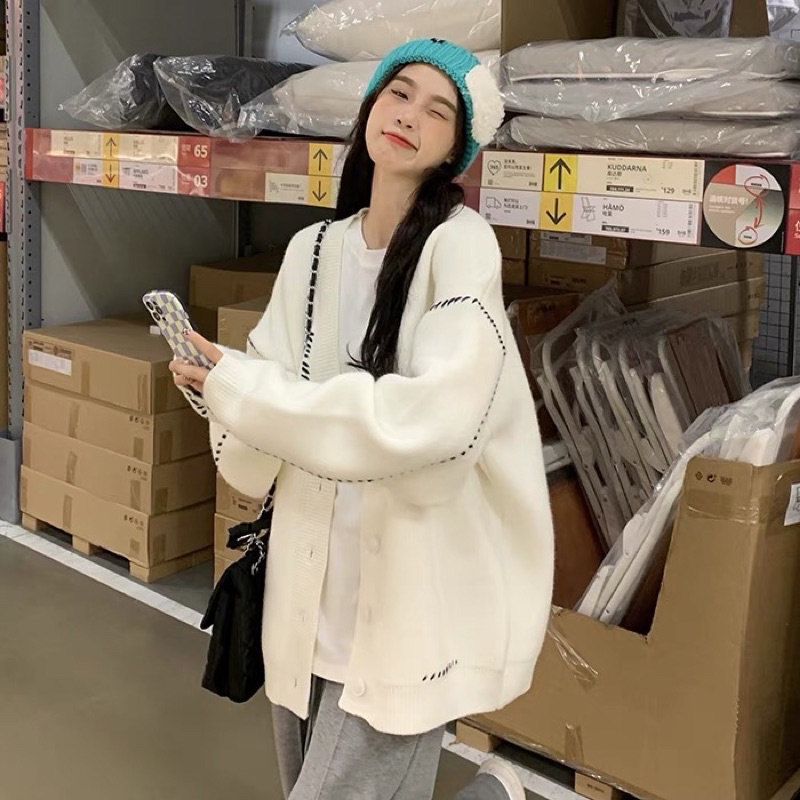 Áo Len dáng dài quảng châu, áo khoác cardigan nữ móc chỉ 2 bên tay màu đen trắng