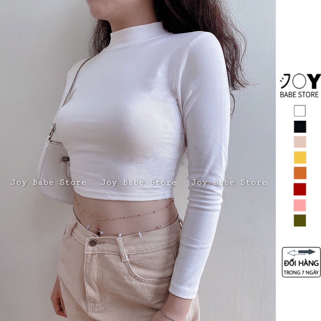 Áo thun croptop cổ lọ cao vừa JOY BABE ❄🌸 thun xịn êm ái, kiểu cách mặc quanh năm🍀 Forever 21 trắng đen cổ trụ CROD 3 -2