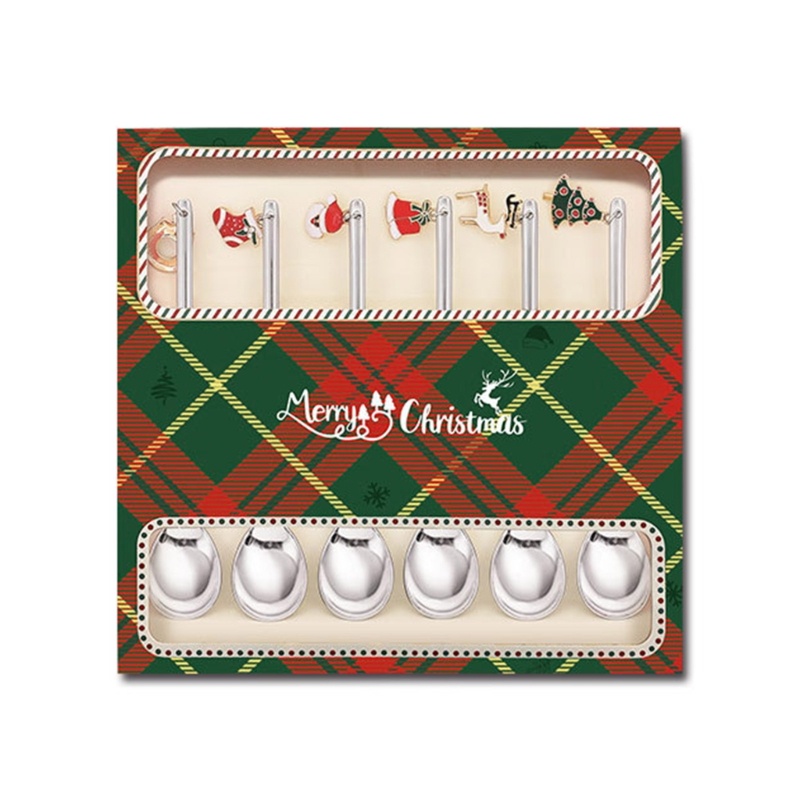 Bộ 6 Muỗng Nĩa Ăn Tráng Miệng Mini Bằng Thép Không Gỉ Họa Tiết Giáng Sinh Dễ Thương