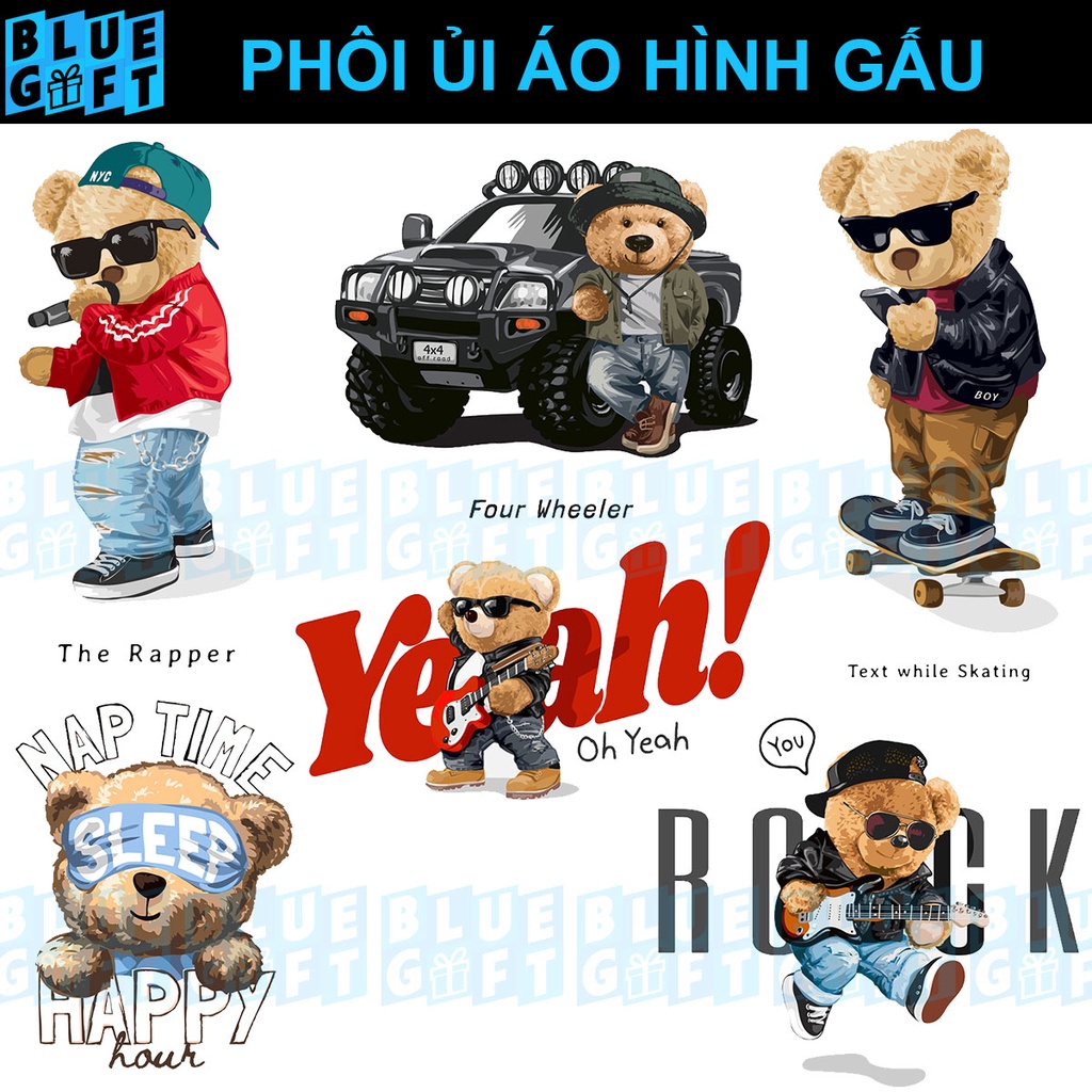 (Hình Ủi Nhiệt Quần Áo - Miếng Dán Ủi Quần Áo) Có In Theo Yêu Cầu, Hình Ủi Gấu G10 - Blue Gift