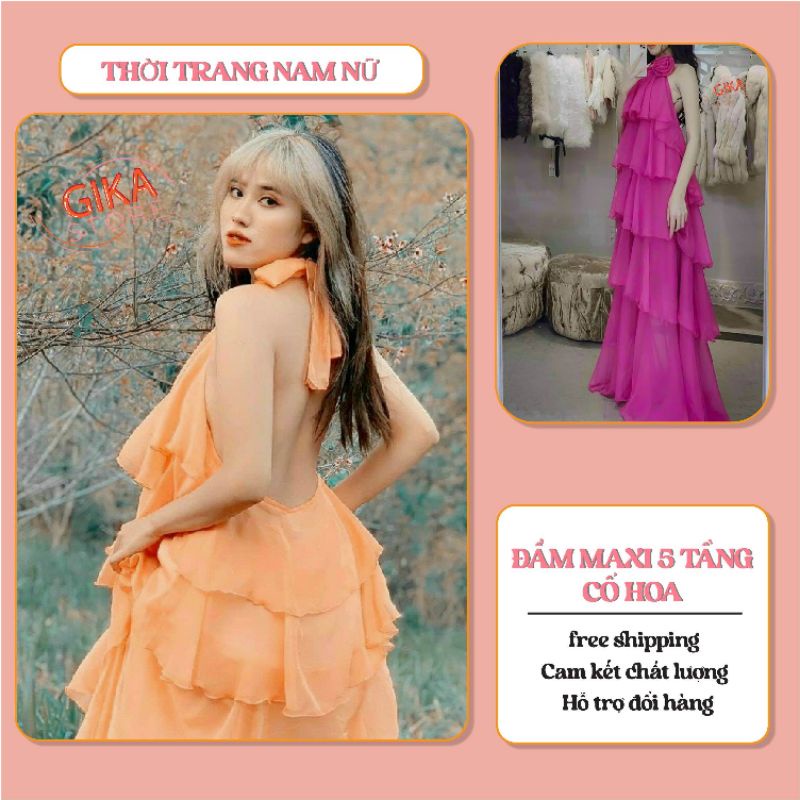 ĐẦM MAXI 5 TẦNG CỔ CỘT NƠ YẾM KẾT HOA - VÁY VOAN LỤA DỰ - MAXI CỔ HOA