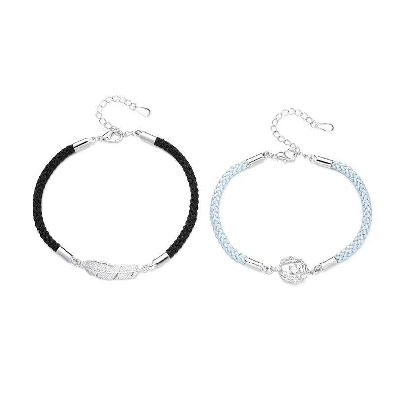 Vòng Tay Dây Bện Phối Mặt Hình Lông Vũ Mạ Bạc 925 Thời Trang Cho Cặp Đôi