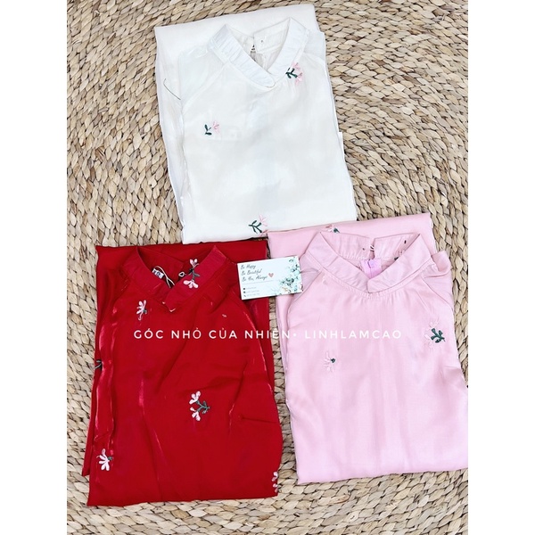 Set Áo Dài Cách Tân Voan Tơ Thêu Hoa Cổ 4 Tà Tay Lỡ Kèm Quần Lụa Đẹp