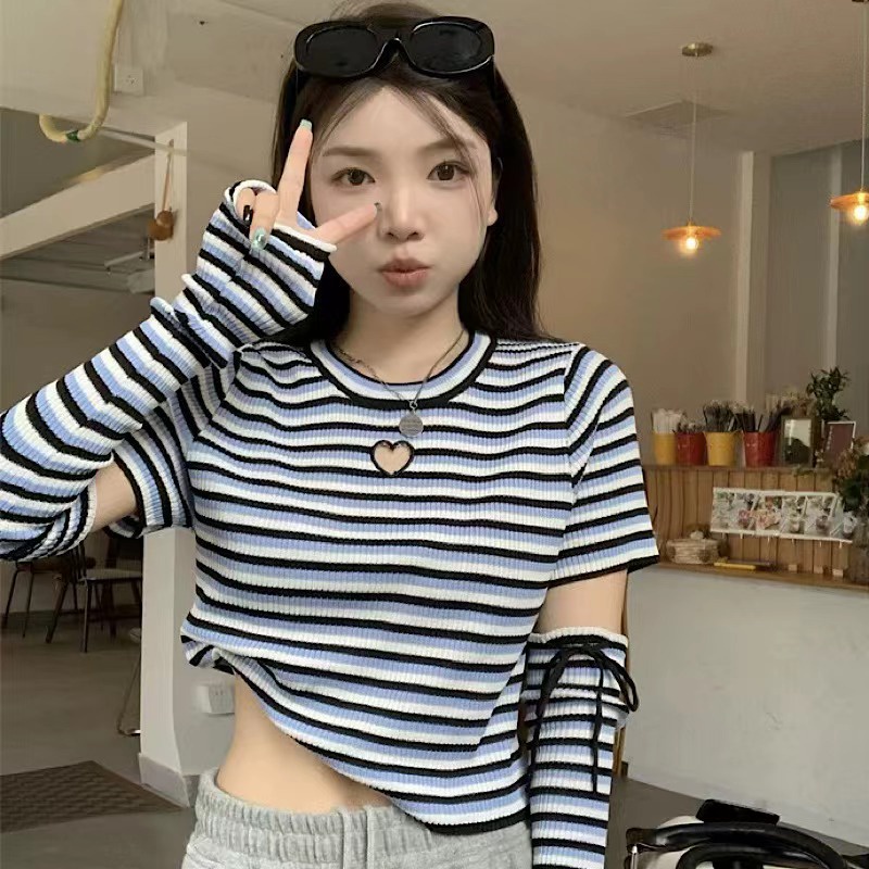 (ORDER) Áo thun tăm dài tay mùa thu kẻ sọc ngang, tay có thể tháo rời, cá tính Hàn Quốc