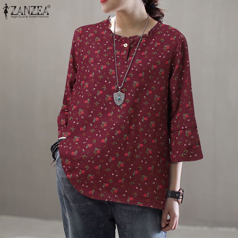 ZANZEA Áo Nữ Tay Dài Họa Tiết Hoa Thời Trang Phong Cách Hàn Quốc