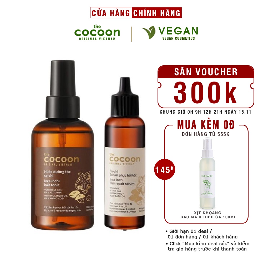Combo Nước xịt dưỡng sa-chi COCOON 140ml + Serum sa-chi Phục hồi tóc COCOON 70ml