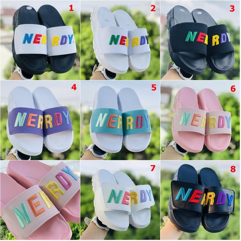 Dép nerrdy 𝐍𝐄𝐑𝐑𝐃𝐘 ❤️FREESHIP + HỘP❤️ thể thao quai ngang nam nữ Nerdy đế độn 4cm chữ thiêu nổi có tem mác màu đen