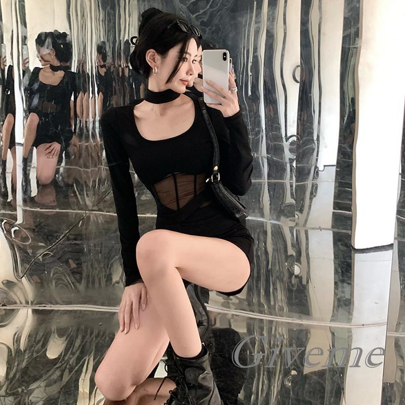 Áo Sơ Mi Tay Dài Cổ Vuông Màu Trơn Phối Lưới Thời Trang Đường Phố Cho Nữ