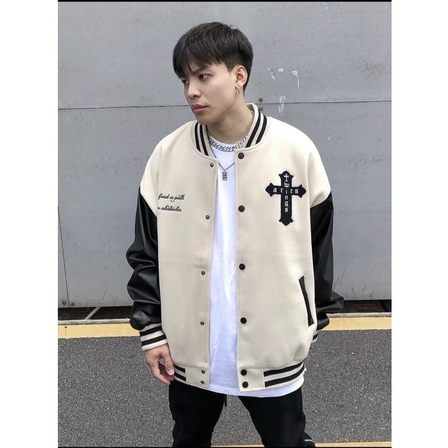 Áo Bomber, Áo Khoác Nỉ Dạ Tay Da Thêu Hình Thập Giá Sau Lưng