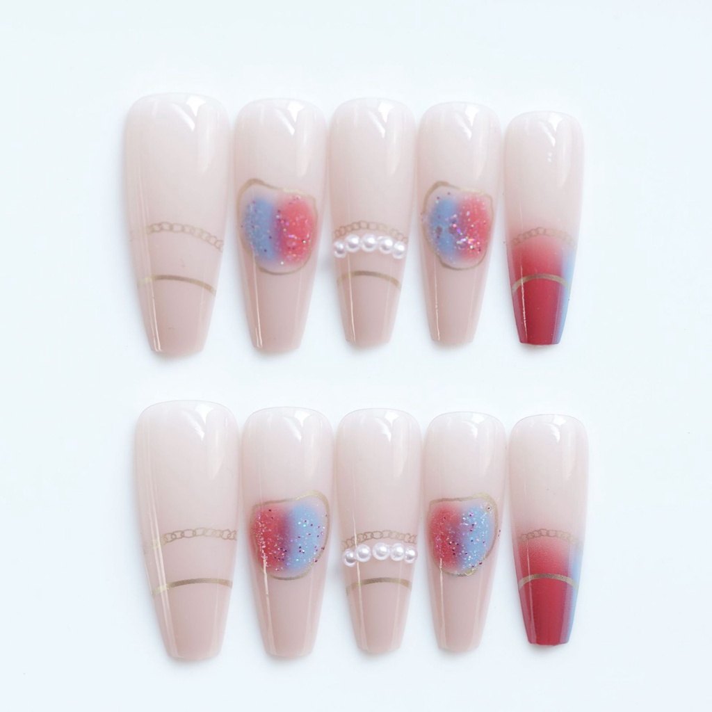 Z-32 Móng Tay Giả Dáng Dài Đính Ngọc Trai Chữ T Có Thể Mặc Được Bán Sỉ Màu Hồng