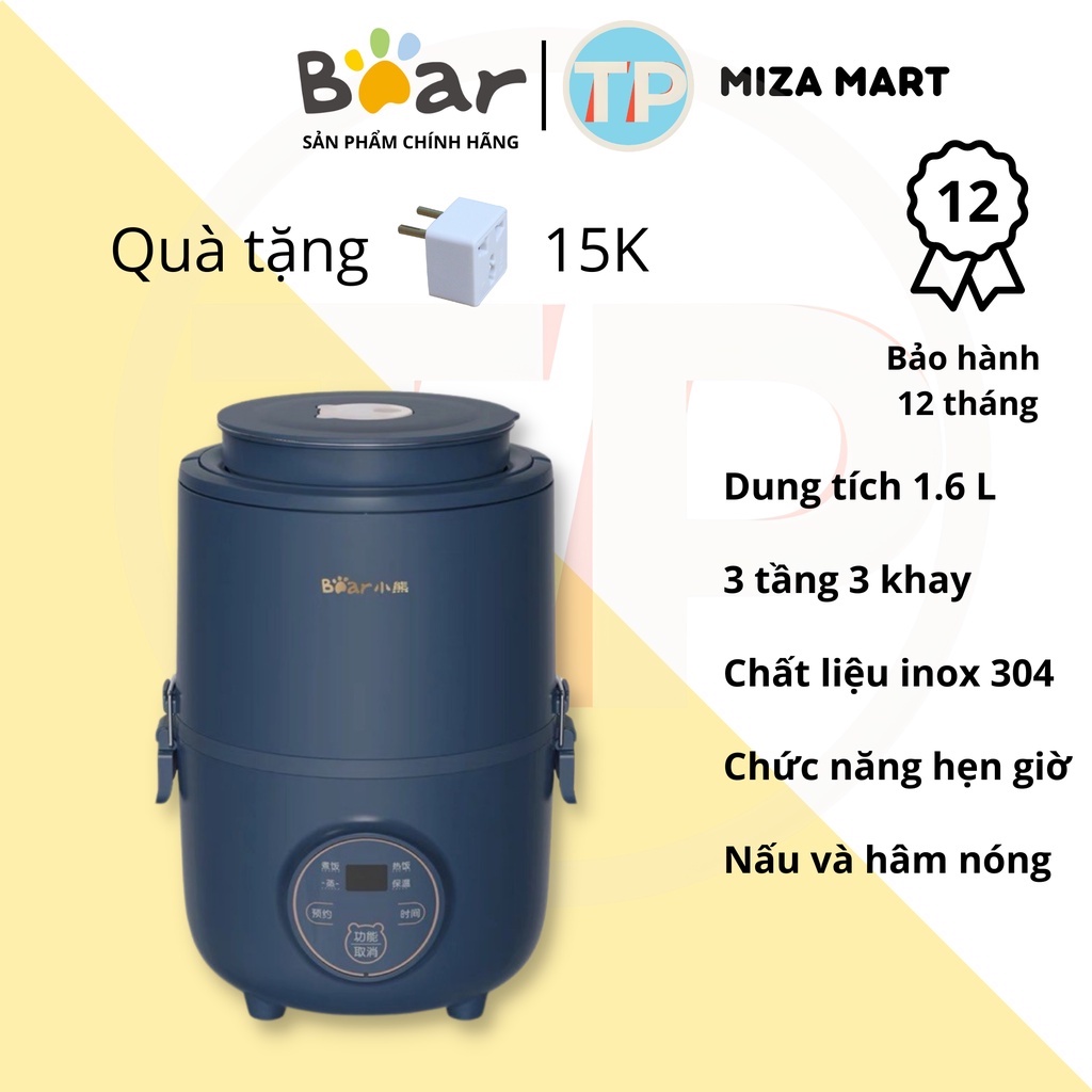 Hộp cơm cắm điện hẹn giờ Bear DFH - B15X3, 3 tầng, dung tích 1.6 lít, nấu chín, hâm nóng, giữ nhiệt cho thức ăn