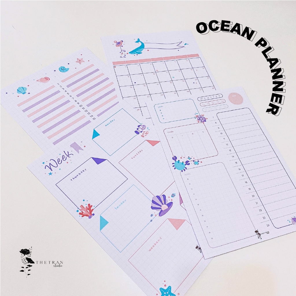 Bộ 4 tờ ghi chú kế hoạch hàng ngày tuần tháng A5 chủ đề đại dương / ocean planner / thetranstudio
