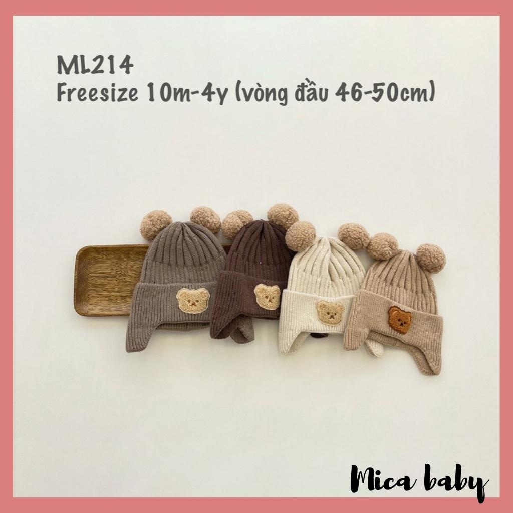 Mũ len bịt tai cục bông đính gấu dễ thương cho bé ML214 Mica baby