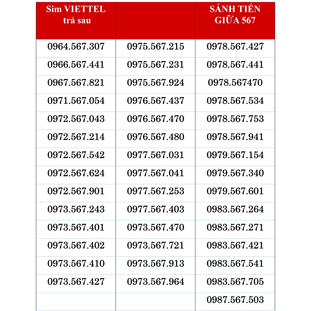 Sim Viettel Trả sau đầu 09 cực đẹp, Sảnh giữa 567 cực dể nhớ