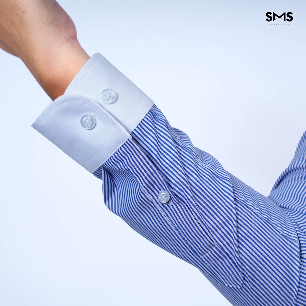 Áo Somi nam sọc xanh cao cấp, dấu khuy cổ chuẩn form Smart Suits