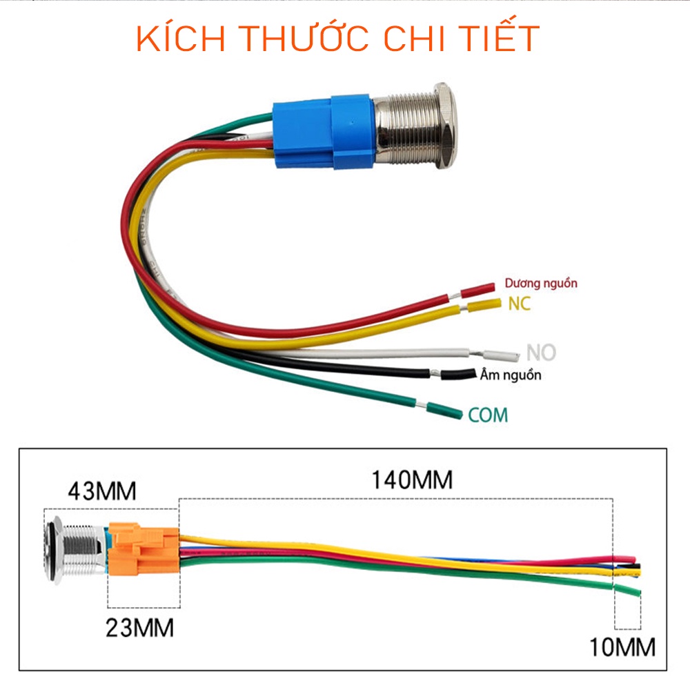 Chân Jack nối công tắc 12/16/19/22mm, Loại có dây đèn LED