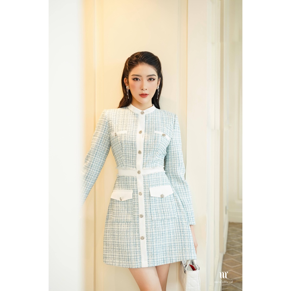 Đầm nữ thiết kế Méo shop dạ tweed dài tay cổ tròn phối cúc Rony