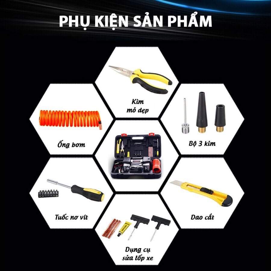 Máy bơm lốp ô tô 2 xilanh mã lực lớn 280W- Đồng hồ điện tử, tặng kèm hộp dụng cụ đa năng - Auto Bảo Lộc