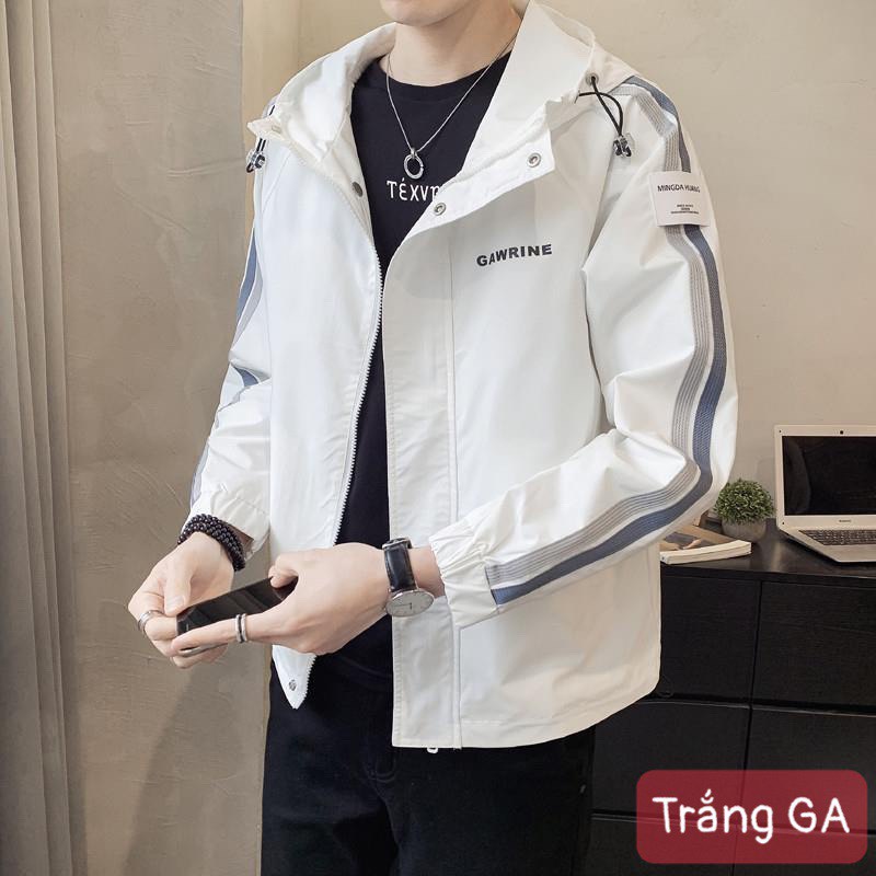 Áo Gió Nam chất liệu dù gió 2 lớp cao cấp chuẩn dáng from chuẩn size như hình màu trắng phối sọc màu cho nam MSAKD TR GA