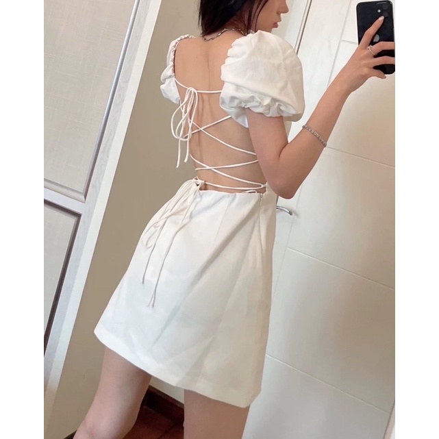 Đầm Zara Tay Phồng Hở Lưng Cột Dây