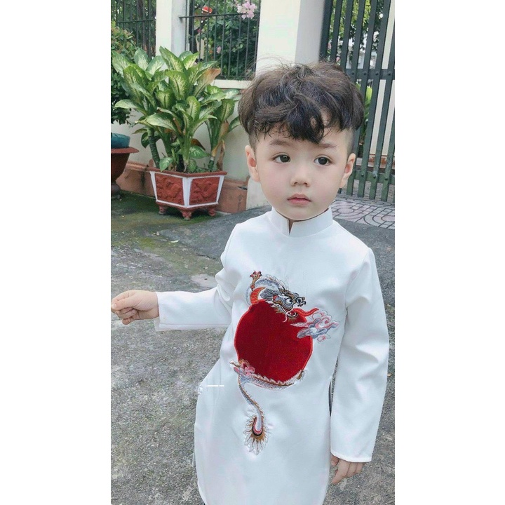 (10-20kg) Áo dài trắng cách tân thêu hình rồng cho bé trai diện Tết