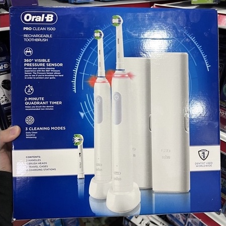 Bàn Chải Điện Oral-B Pro Clean 1500 - Combo Cặp Đôi, 2 Thân chải, 3 Đầu Thay &amp; 2 Travel Case, 3 Chế Độ, Made In Germany