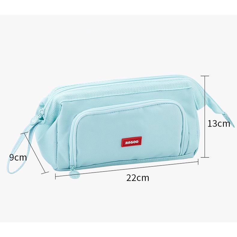 Hộp bút vải canvas Angoo túi bút double pen case bóp viết size đại ngăn đa năng 6 màu cho học sinh,sinh viên dễ thương