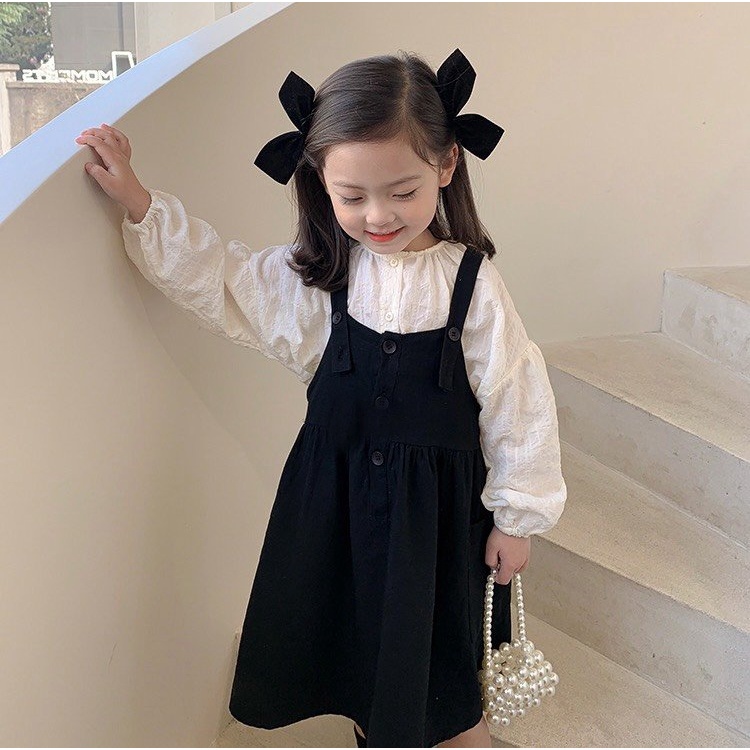 Set Váy Yếm Với Áo Sơ Mi Tay Phồng Phong Cách Hàn Quốc Cho Bé Gái