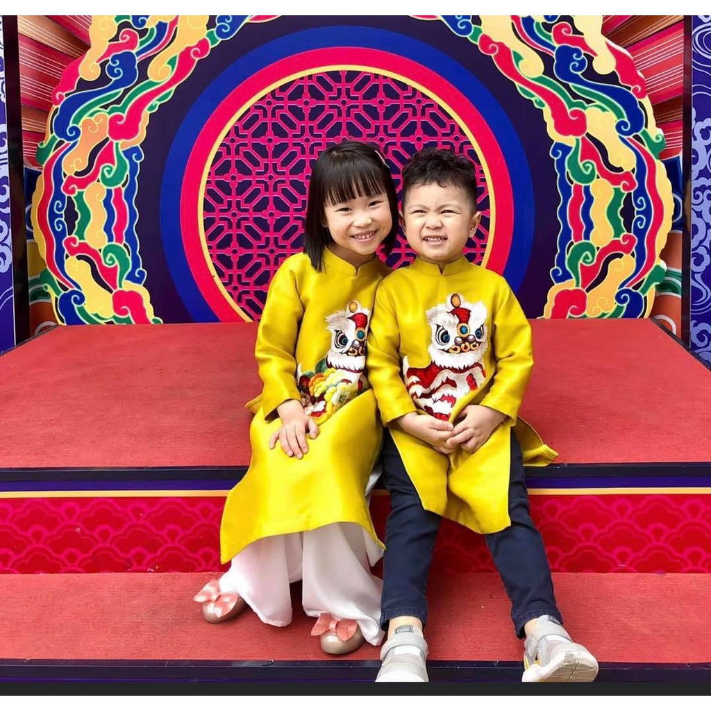 Áo dài cách tân thêu kỳ lân cho bé trai, chất liệu đũi  cao cấp, áo dài tết đủ size 2 3 4 5 67 8 9