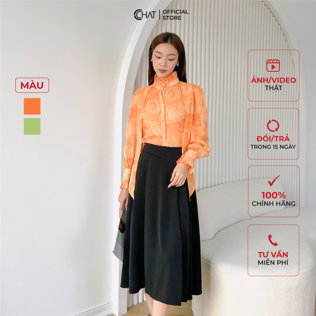 Áo Sơ Mi Nữ 𝐂𝐂𝐇𝐀𝐓 Nhún Vai Nơ Cổ Chất Voan Cao Cấp Mềm Mịn 62FDV5001ST