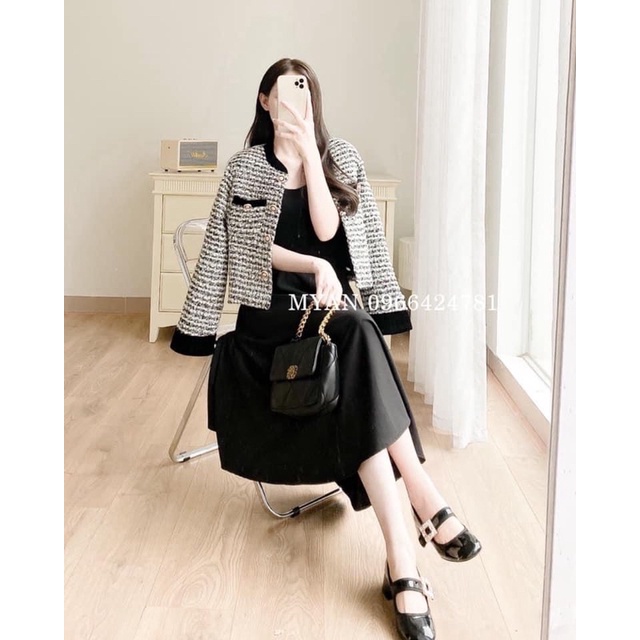 Áo khoác dạ tweed xám viền đen hàng QC