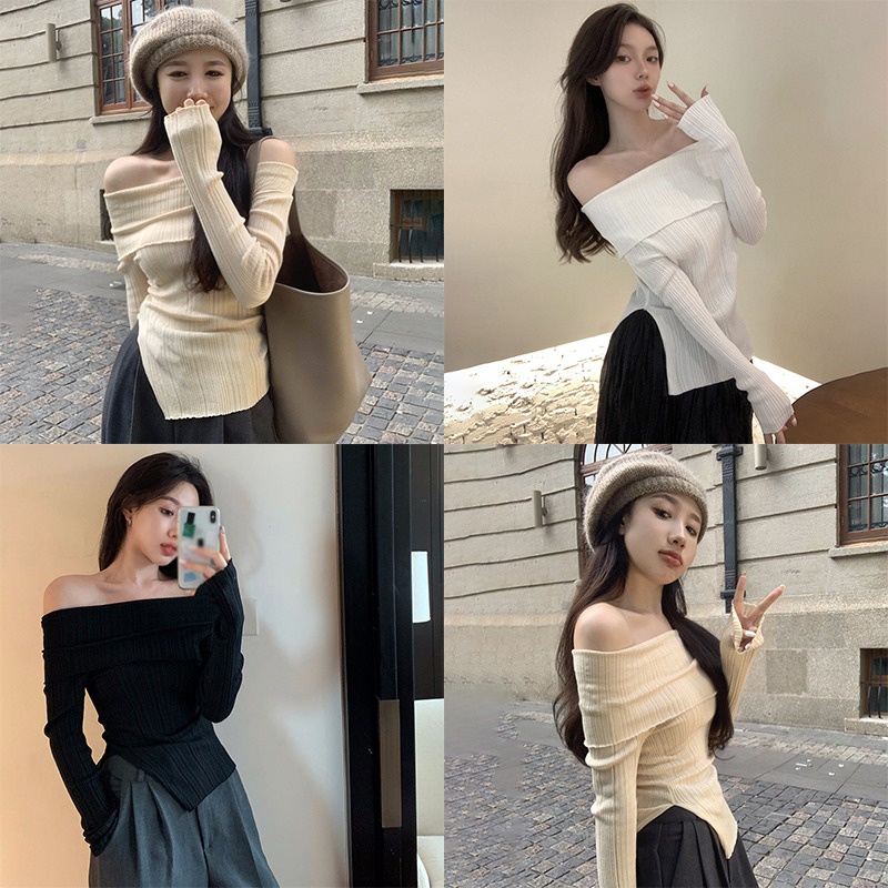 Áo Dệt Kim Tay Dài Trễ Vai Màu Sắc Thanh Lịch Cho Nữ