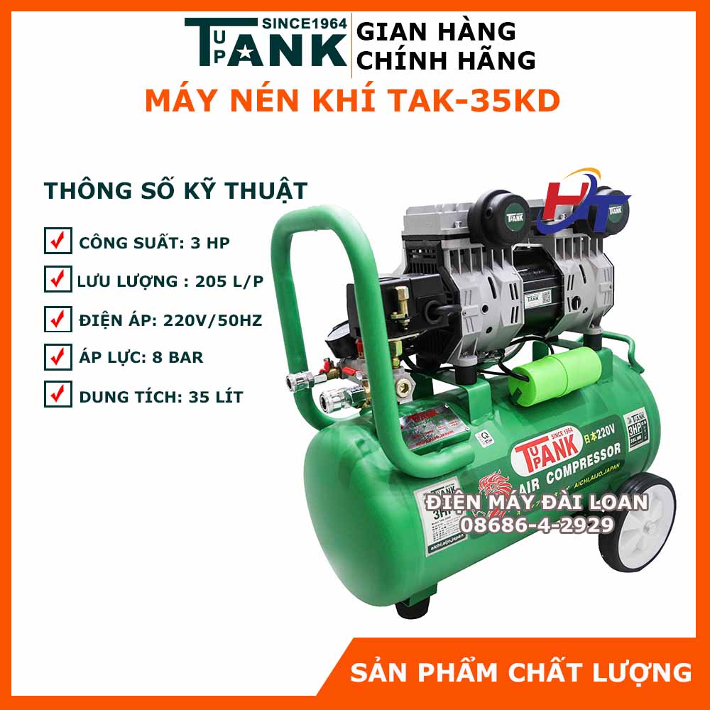 Máy nén khí giảm âm, nén khí không dầu dùng cho y tế, nha khoa TAK-35KD (3HP-100% Dây đồng)