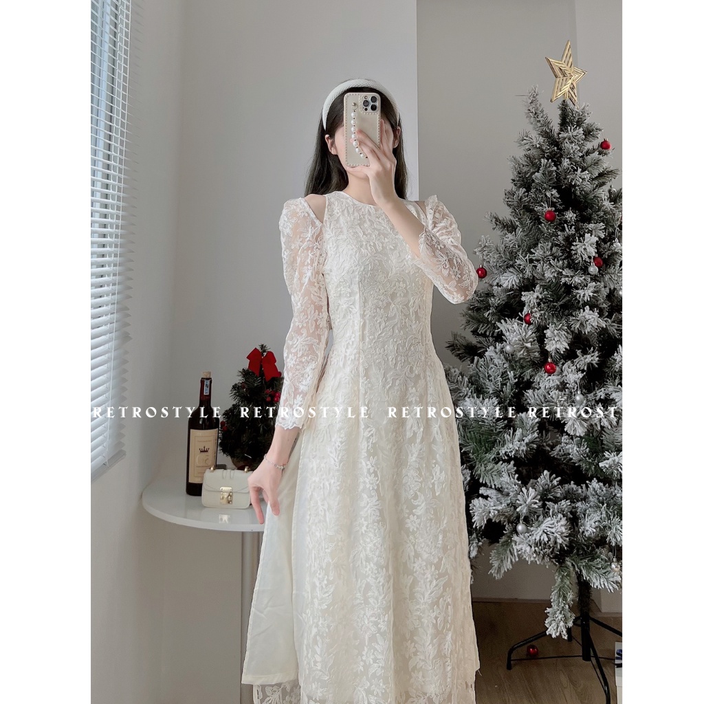 Set áo dài ren khoét vai hoa nổi 2 lớp mã aodairenkhoetvai