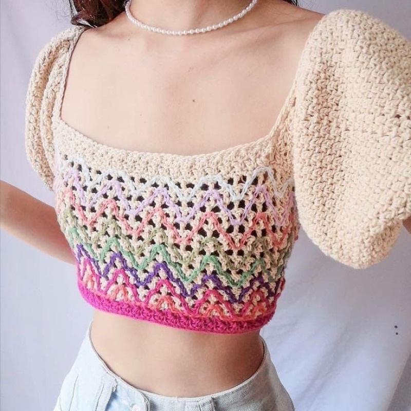 áo len móc hoạ tiết phối màu LAYLA croptop by Minh Thư Handmade (áo kèm sẵn mút ngực)