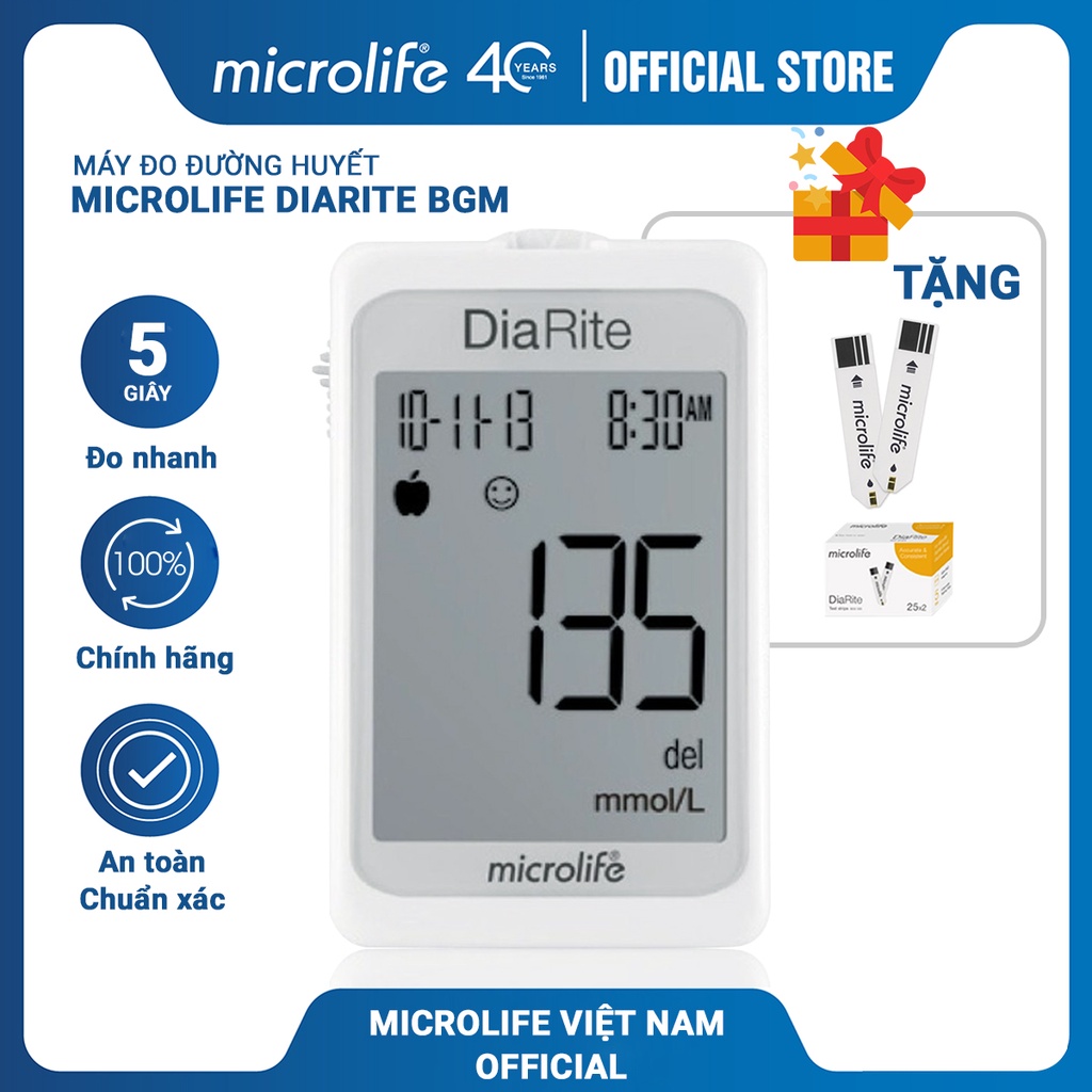MÁY ĐO ĐƯỜNG HUYẾT MICROLIFE DIARITE BGM THUỴ SĨ - ĐO NHANH , CHÍNH XÁC CHỈ 5 GIÂY - TẶNG KÈM 50 QUE THỬ