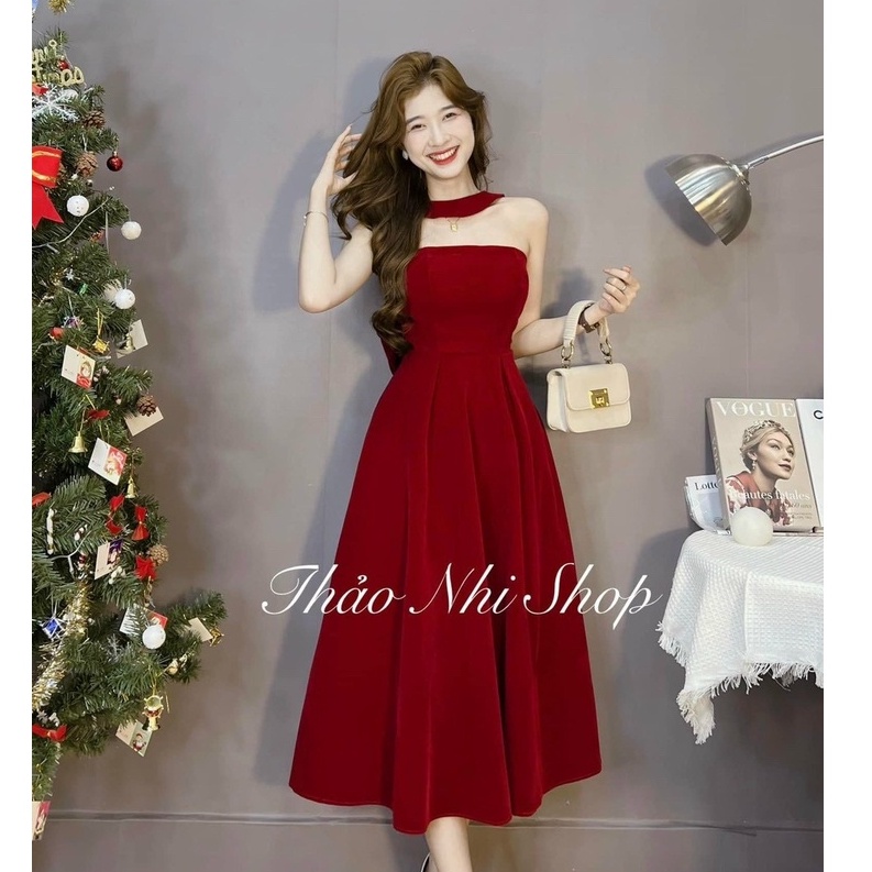 Váy đầm nữ dự tiệc sang trọng lộng lẫy dáng xòe có dây vòng cổ chất nhung cứng tôn dáng DX